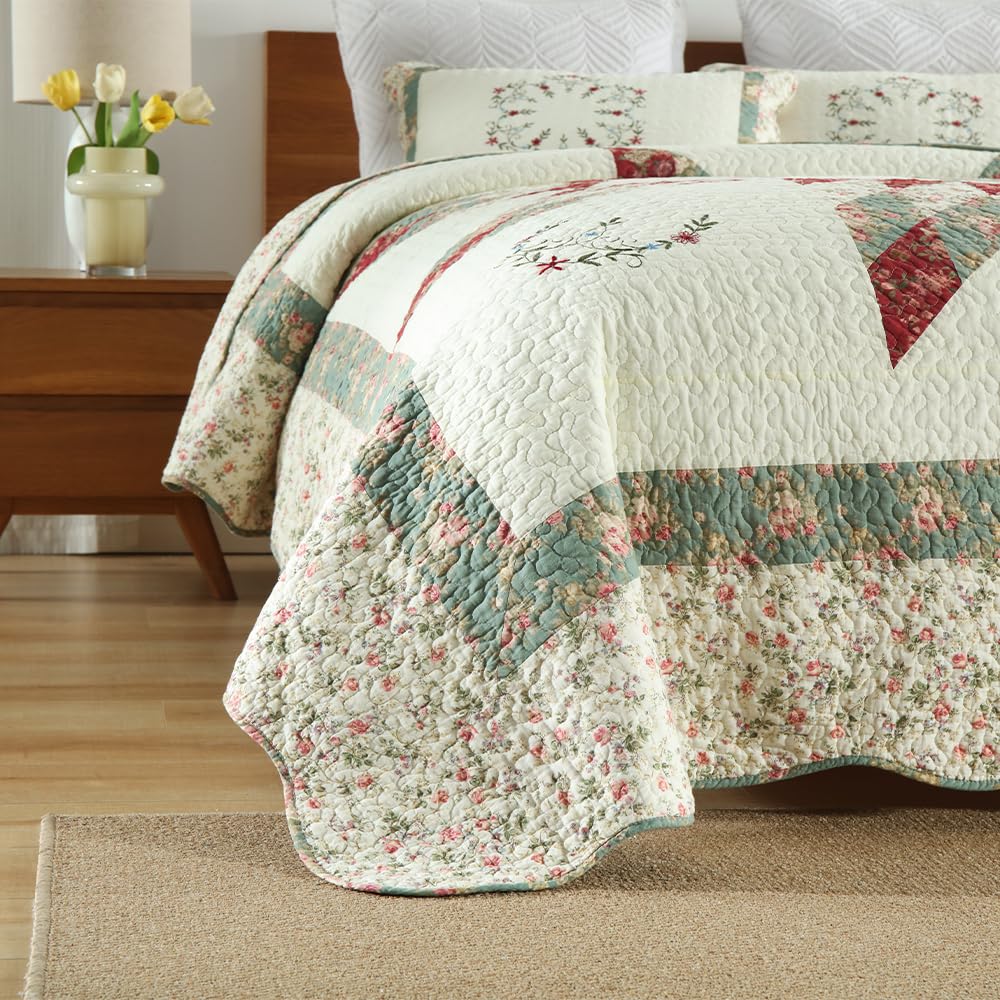 Cotton Bedspread Quilt Bedding Sets, 3 Pieces Reversible Coverlets Comforters Star with Green Floral Real Patchwork