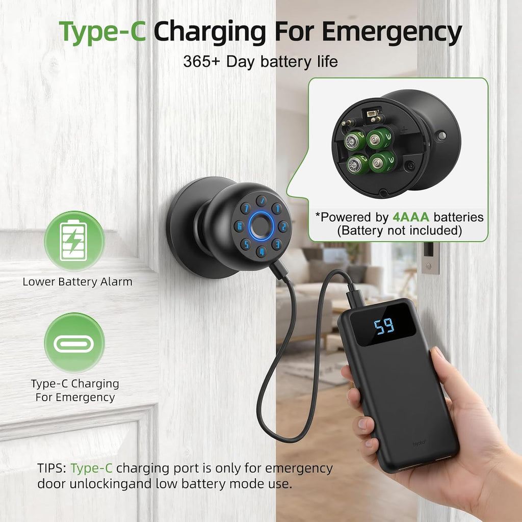 Fingerprint Door Knob, Smart Door Knob, Biometric Door Knob with Code, App Control, Auto Lock, Fingerprint Door