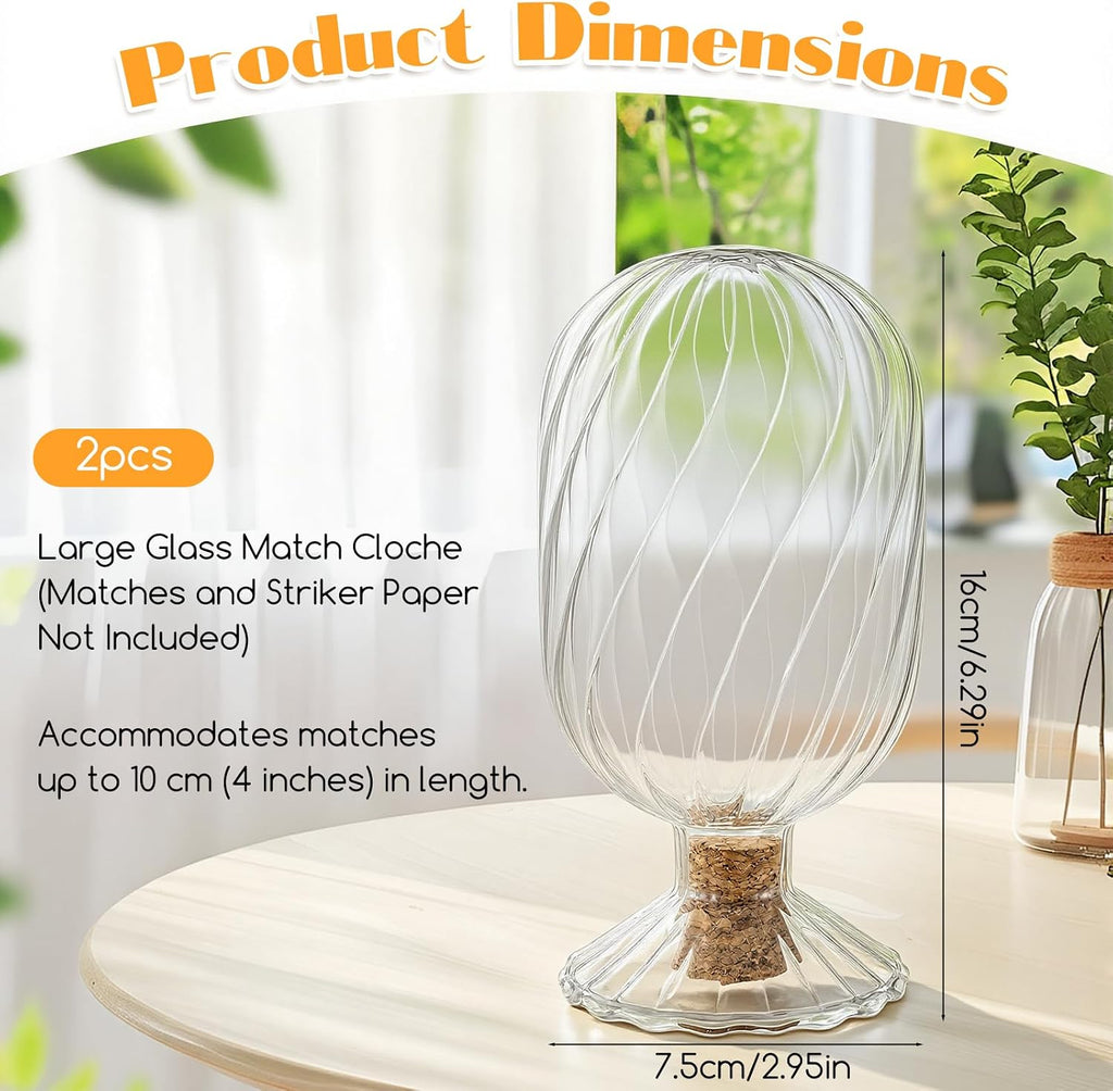 Helix Shaped Glass Matches Cloche Decorative Matches Jar for 4 Inch Candle-Matches Trendy Fireplace Display - Set of 2