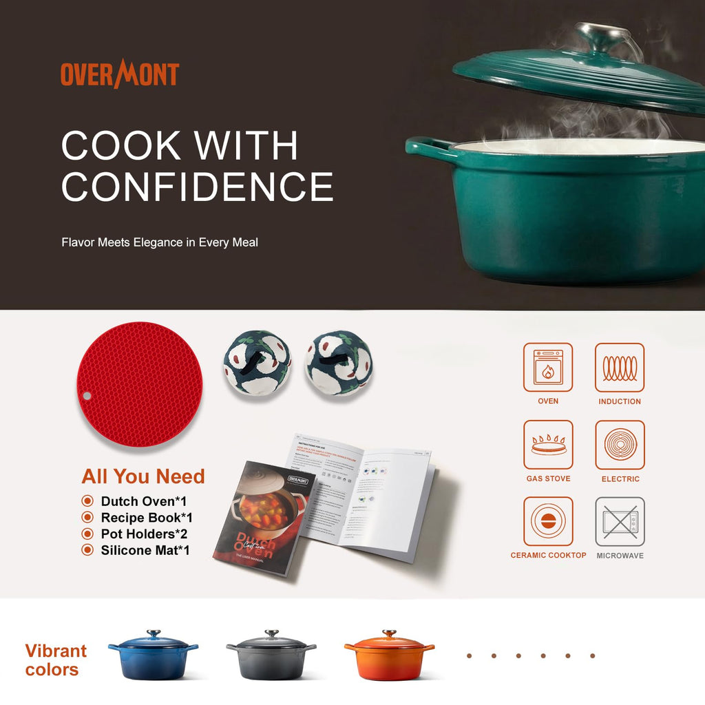 Enameled Cast Iron Dutch Oven - 5.5QT Pot with Lid Cookbook