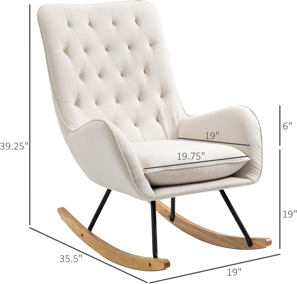 Fabric Rocking Chair, Mid-Century Wingback Accent Chair, Cream White | Armchair, Tufted, Rocker, Padded Seat, Rubber
