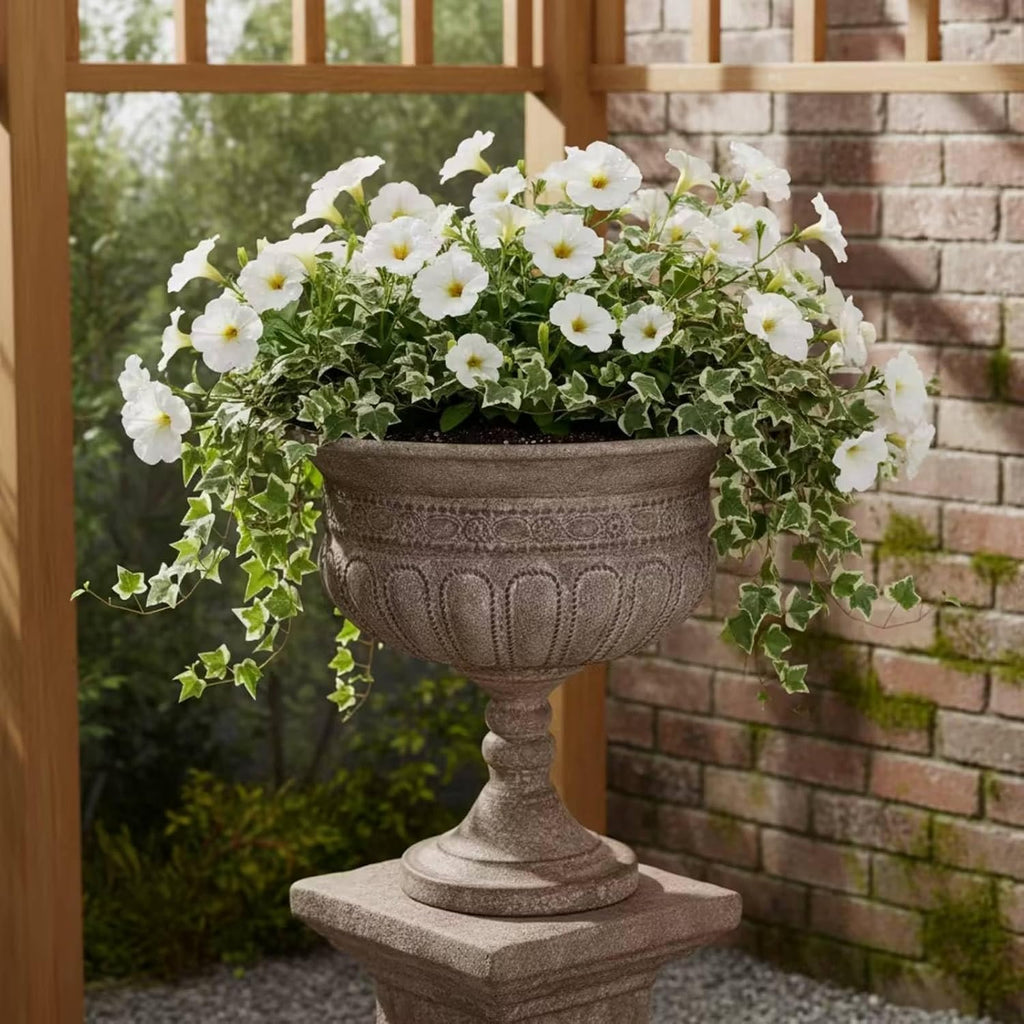 Outdoor Trophy Vase Traditional Urn Planter Pedestal Flower Pot with Textured Surface Iron Construction Wide Opening