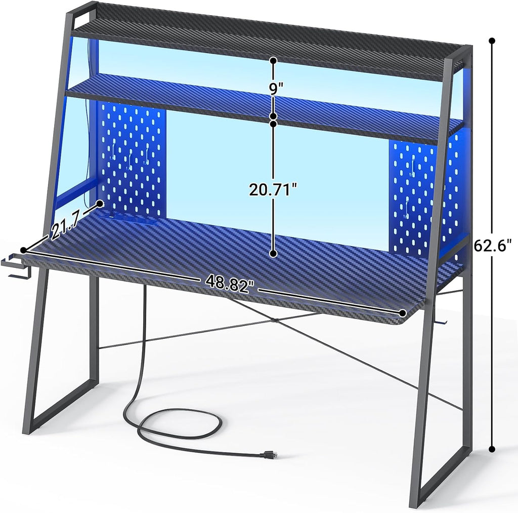 Gaming Desk with Hutch and LED Lights, Gaming Computer Desk with Power Outlets, Gamer Desk with Storage Shelves, PC