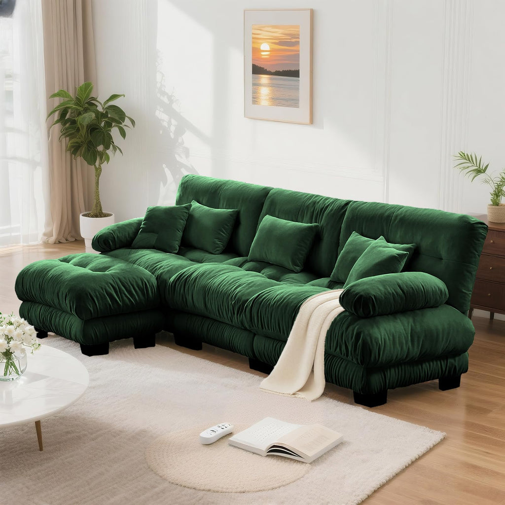 Velvet Sectional Sofa Ottoman, Green