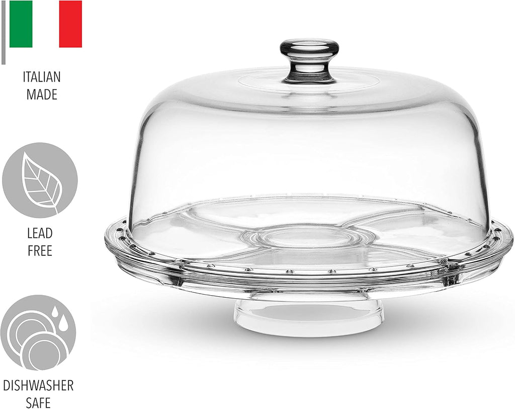 Cake Stand and Serving Plate Platter with Dome Lid, 6 in 1 Multi-Purpose Use, Crystal Glass Footed Cake Stand, Salad