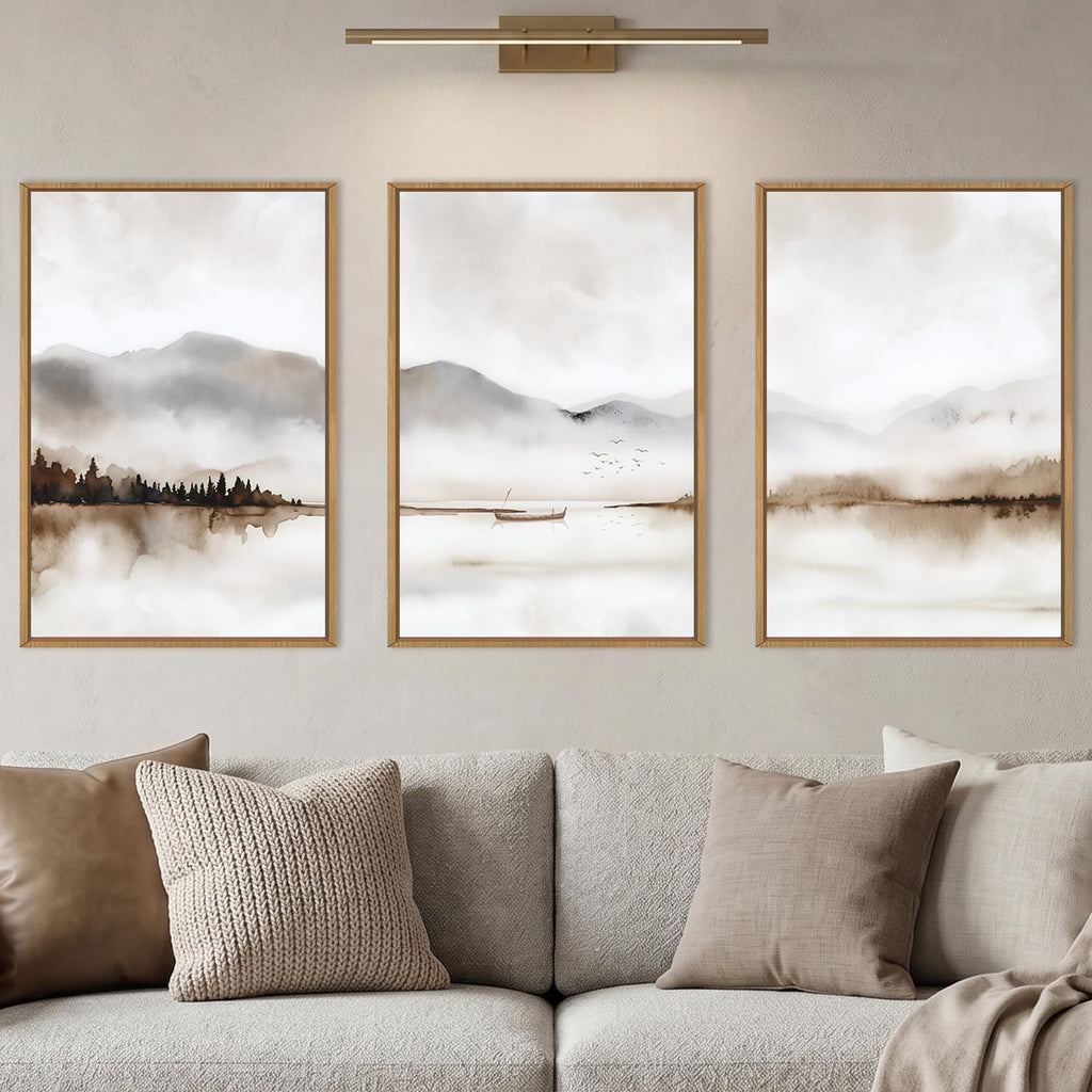 Neutral Abstract Mountain Framed Canvas Print Wall Art Set-24"x36"x3