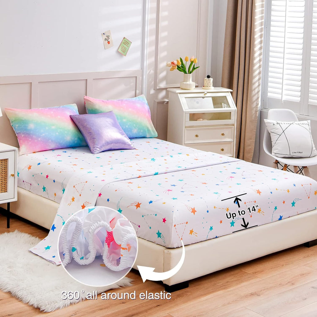 6Pcs Gradient Glitter Bedding Set for Girls Full, Colorful Rainbow Galaxy Comforter Set, Ultra Soft Bedding Sets, Pink