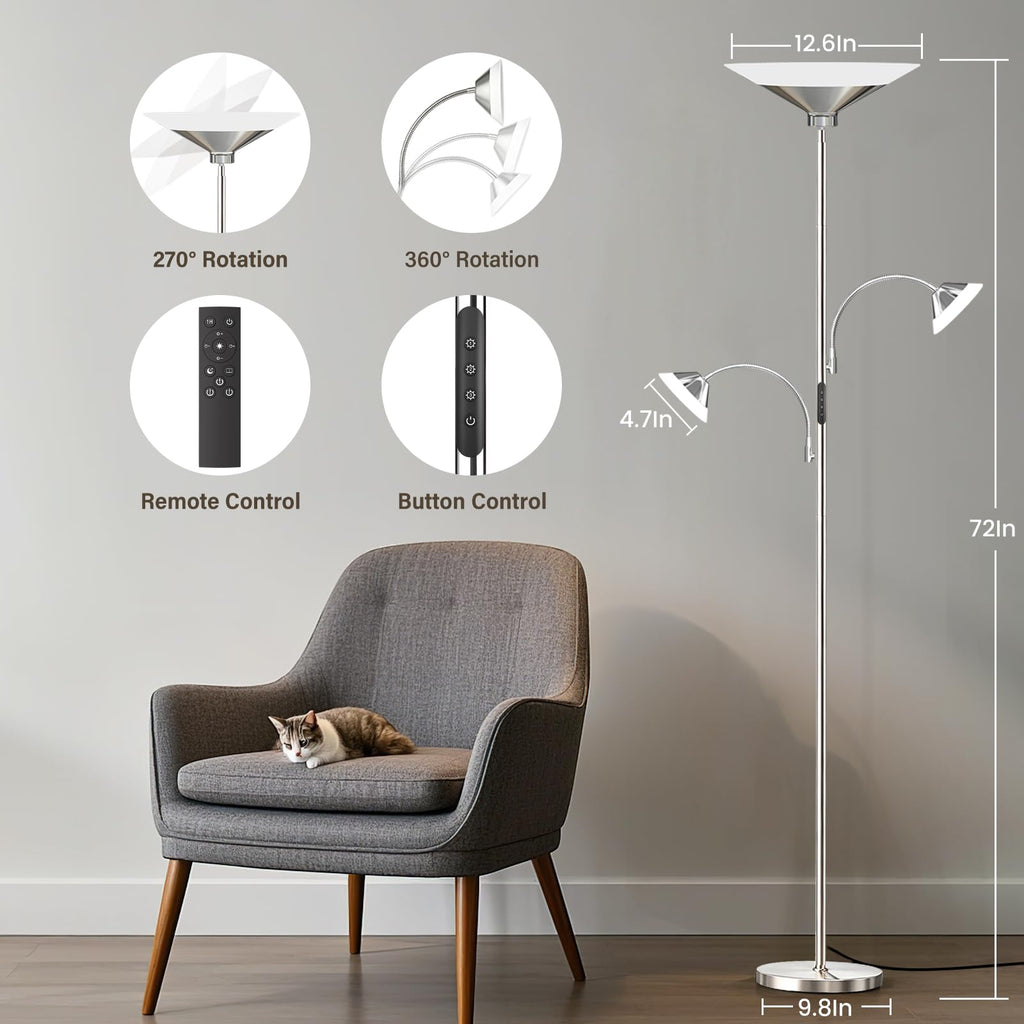 42W 3-Light Torchiere Floor Lamp, LED Tree Standing Lamp