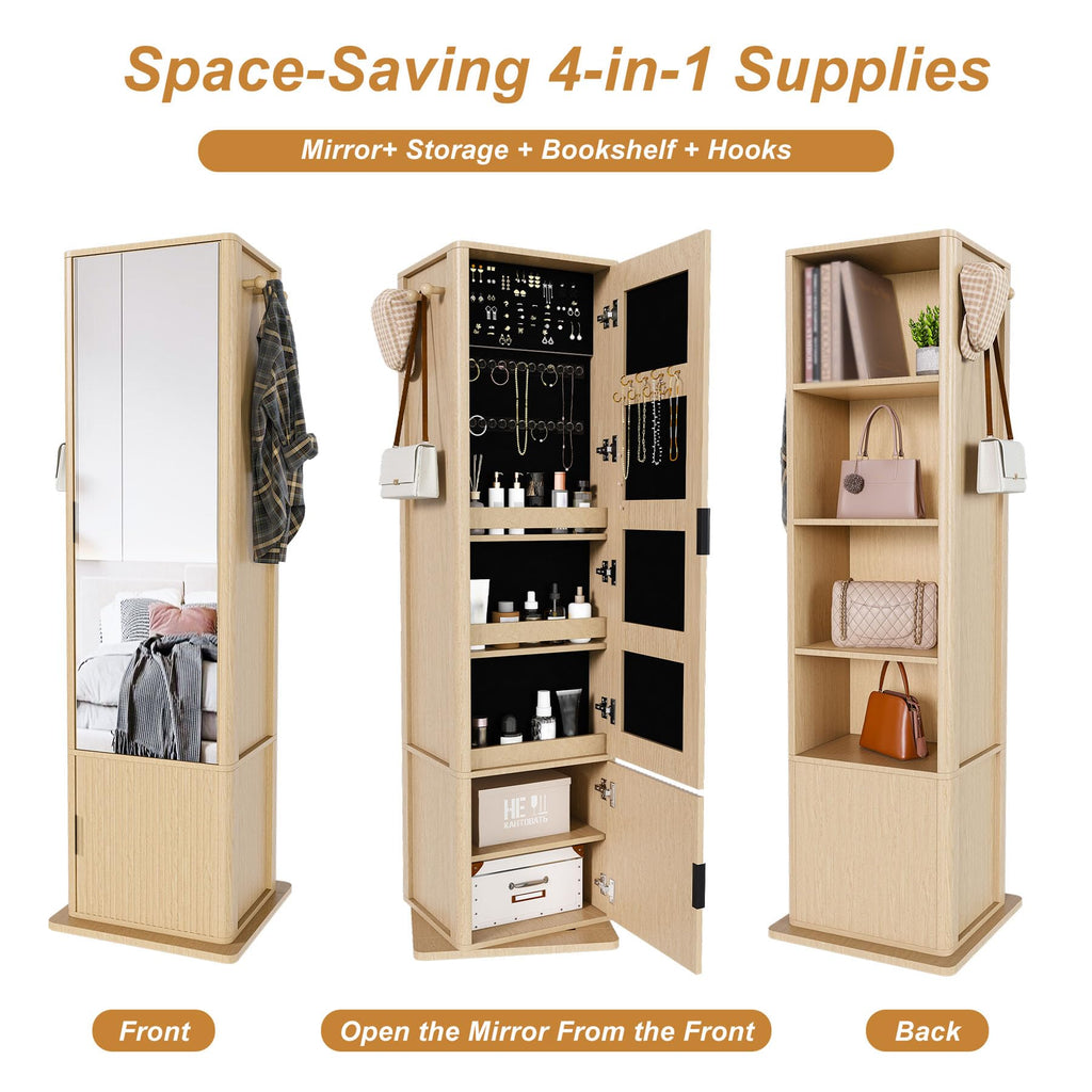 360° Swivel Jewelry Cabinet Makeup Jewelry Armoire with Full Length Mirror, Standing Storage Cabinet with a Coat