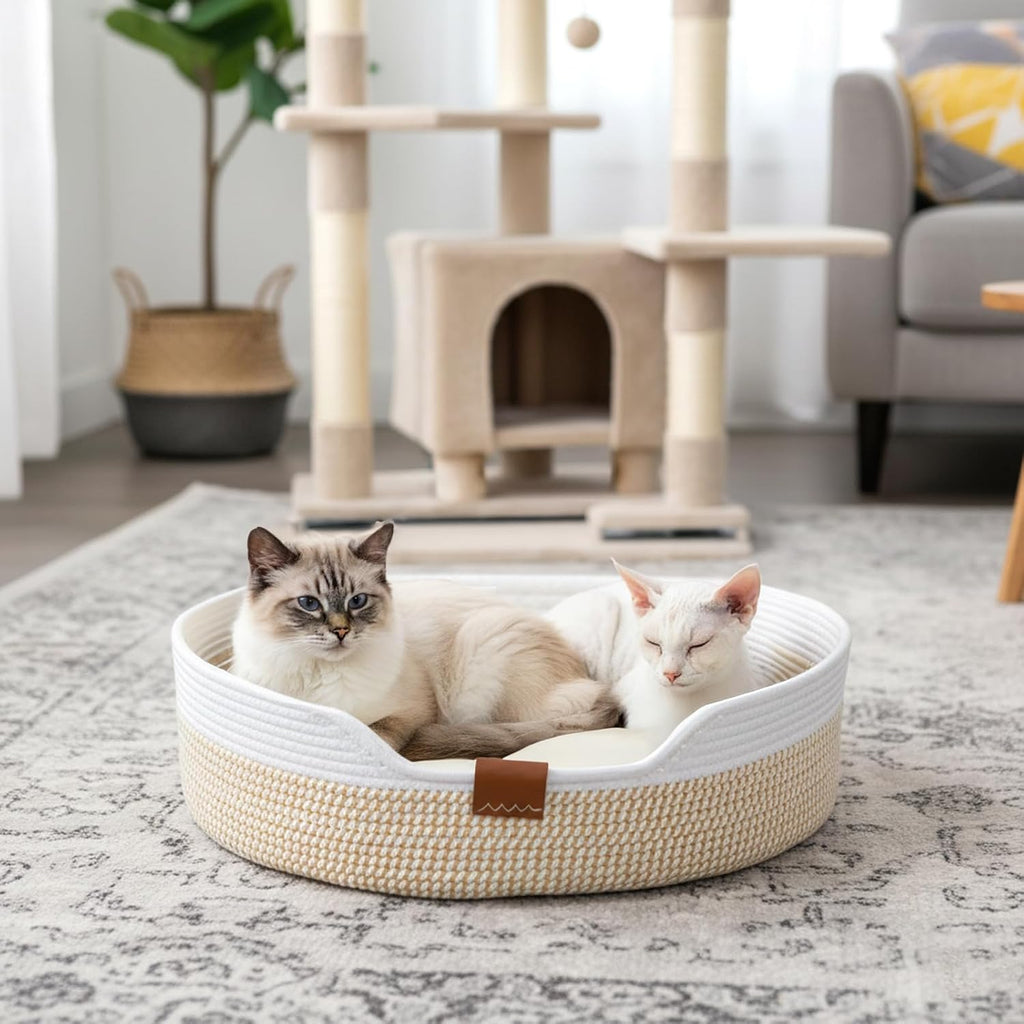 Cat Basket with Cushion, 20 Inch Cotton Rope Pet Sleeping Bed