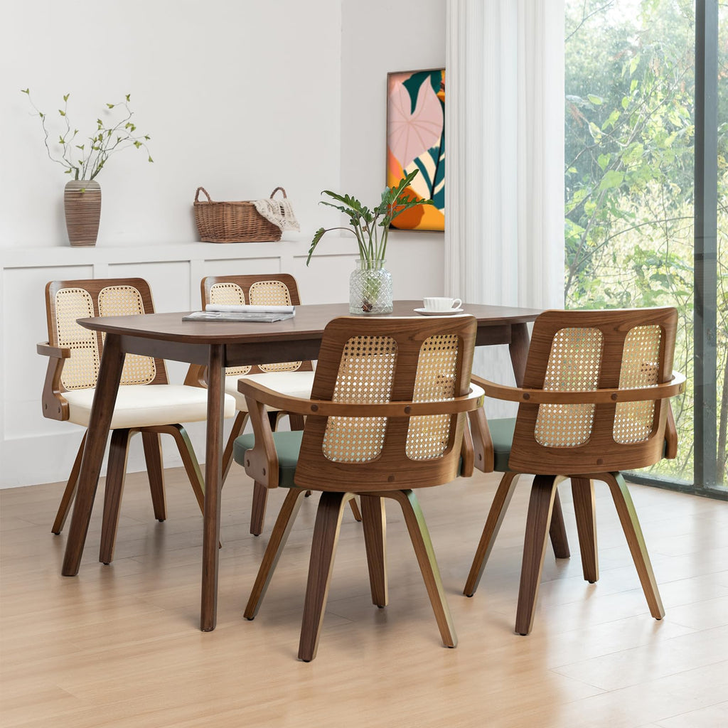 Walnut Dining Chairs - Swivel Rattan Dining Chairs with Bentwood Frame with Ergonomic Cane Back, Curved Arms, MCM