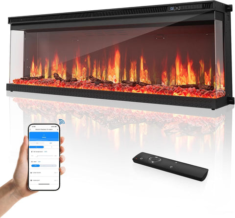 50-inch 3-Sided Wall Mount Electric Fireplace, Recessed & Built-in Design with Wi-Fi/Remote, 1500W Heater
