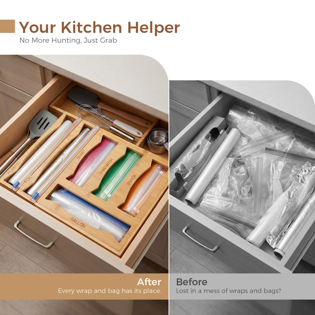 6-in-1 Bamboo Kitchen Drawer Organizer for Storage Bag, Foil & Plastic Wrap