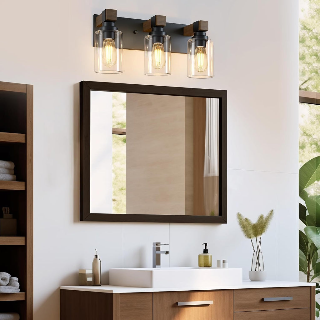 Farmhouse 3-Light Bathroom Vanity Light Fixtures, Black and Wood | 18.8′′ Rustic Matte Black Metal Frame, Clear Glass