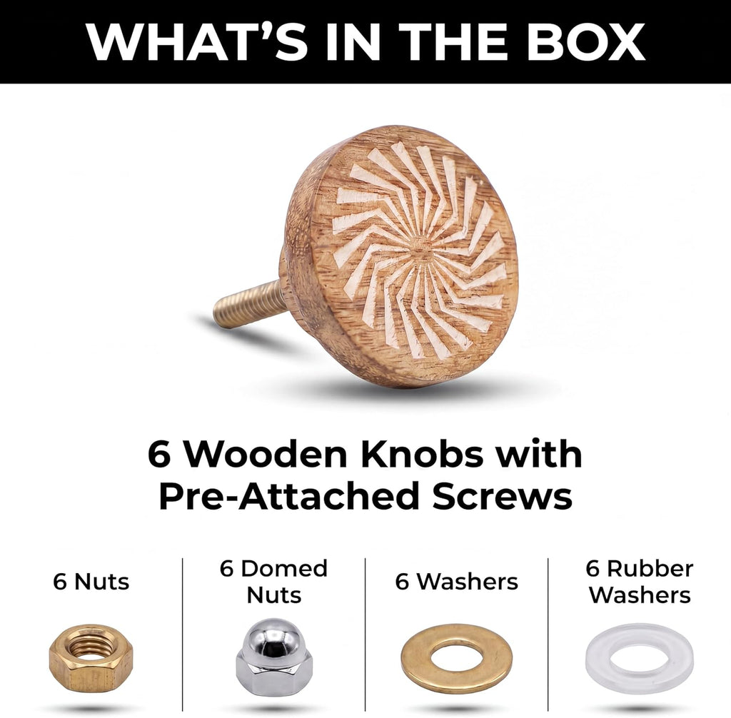 6 Pieces Boho Wooden Drawer Knobs - Brown Floral Knobs - Round Cabinet Knobs