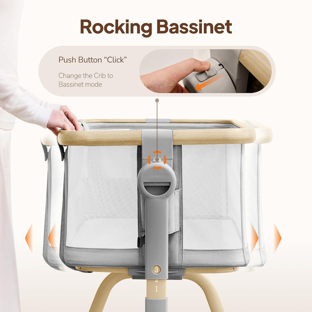 3 in 1 Baby Bassinet,Rocking Bedside Crib Sleeper for Newborns | 6 Height Adjustable Bassinet with Mattress and Soft