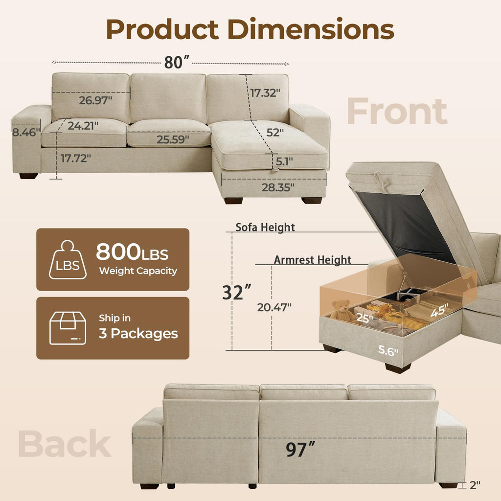 97in L-Shaped Sectional Sofa with Storage Chaise, 3-Seater Couch, Beige