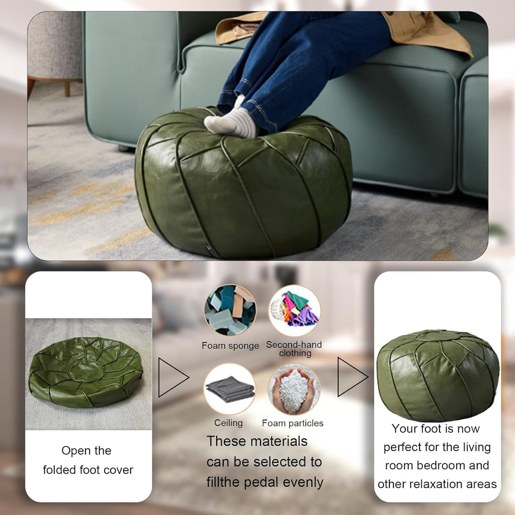 Handmade Moroccan Boho Chic Eco-Friendly Waterproof Faux Leather Unstuffed Pouf Ottoman Cover, Round Storage DIY Foot
