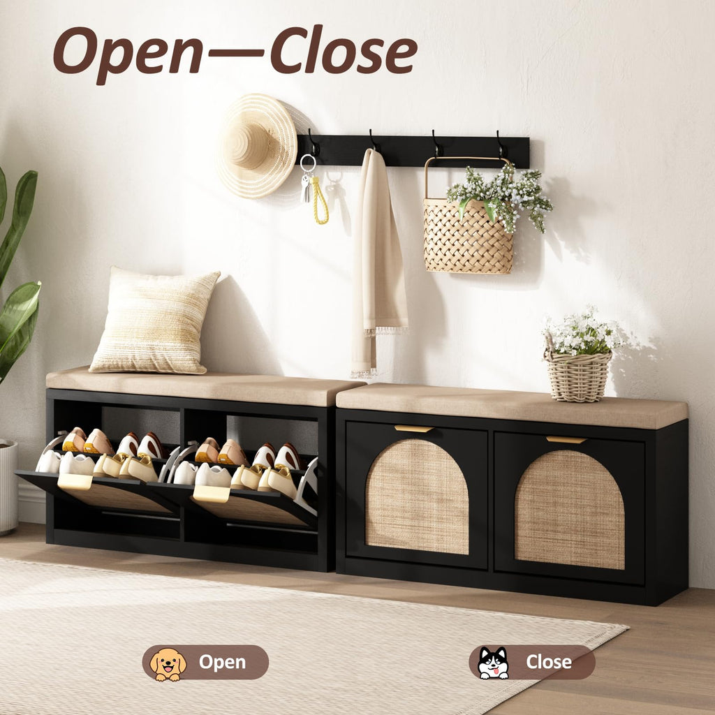 Rattan Narrow Entryway Bench with Shoe Storage, 2 Flip Drawers & Coat Rack, Mid-Century Modern Wood Shoe Cabinet with
