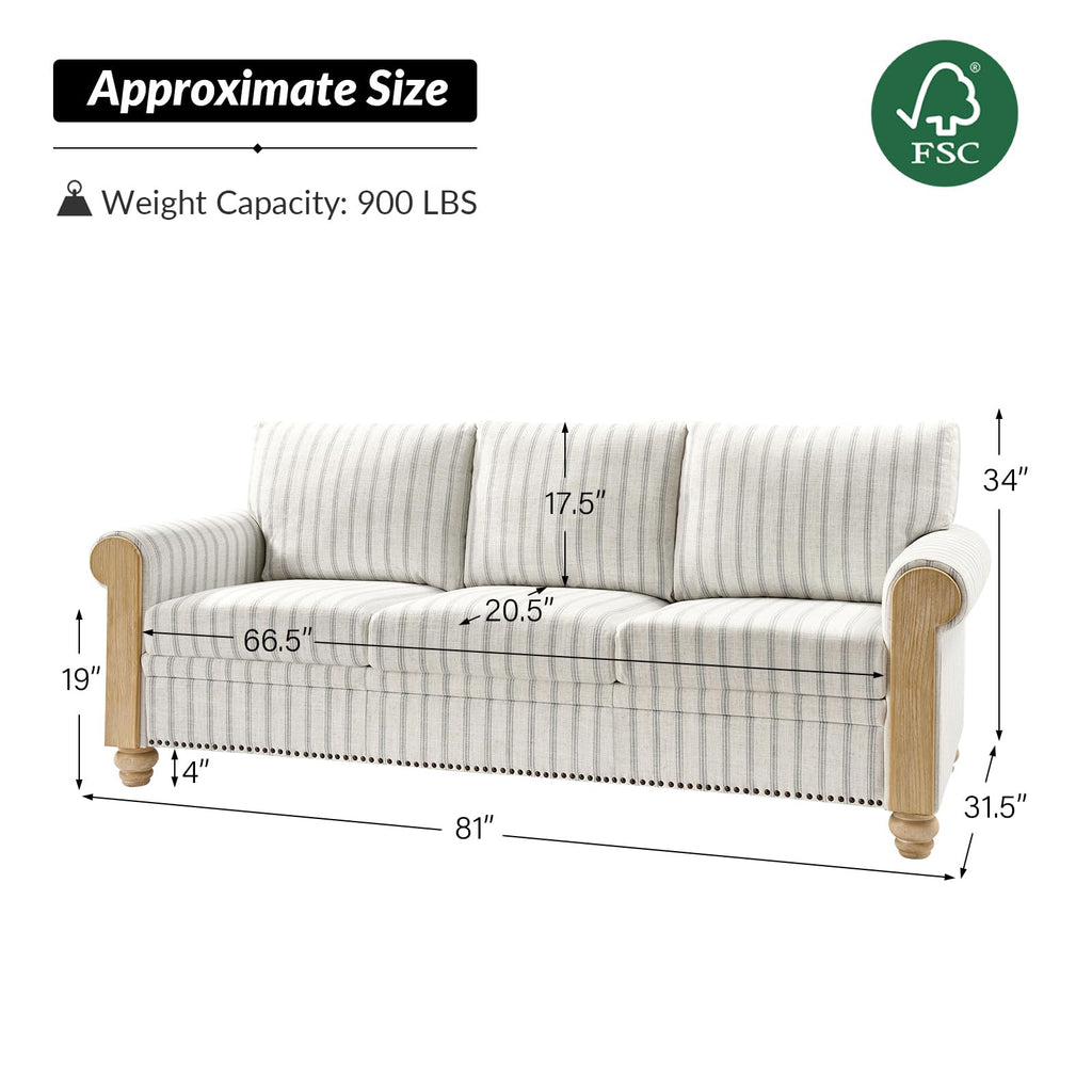 81" Farmhouse Couch with Stripe Pattern, 3 Seater Sofa with Solid Wood Legs and Rolled Wide Armrests, Comfy