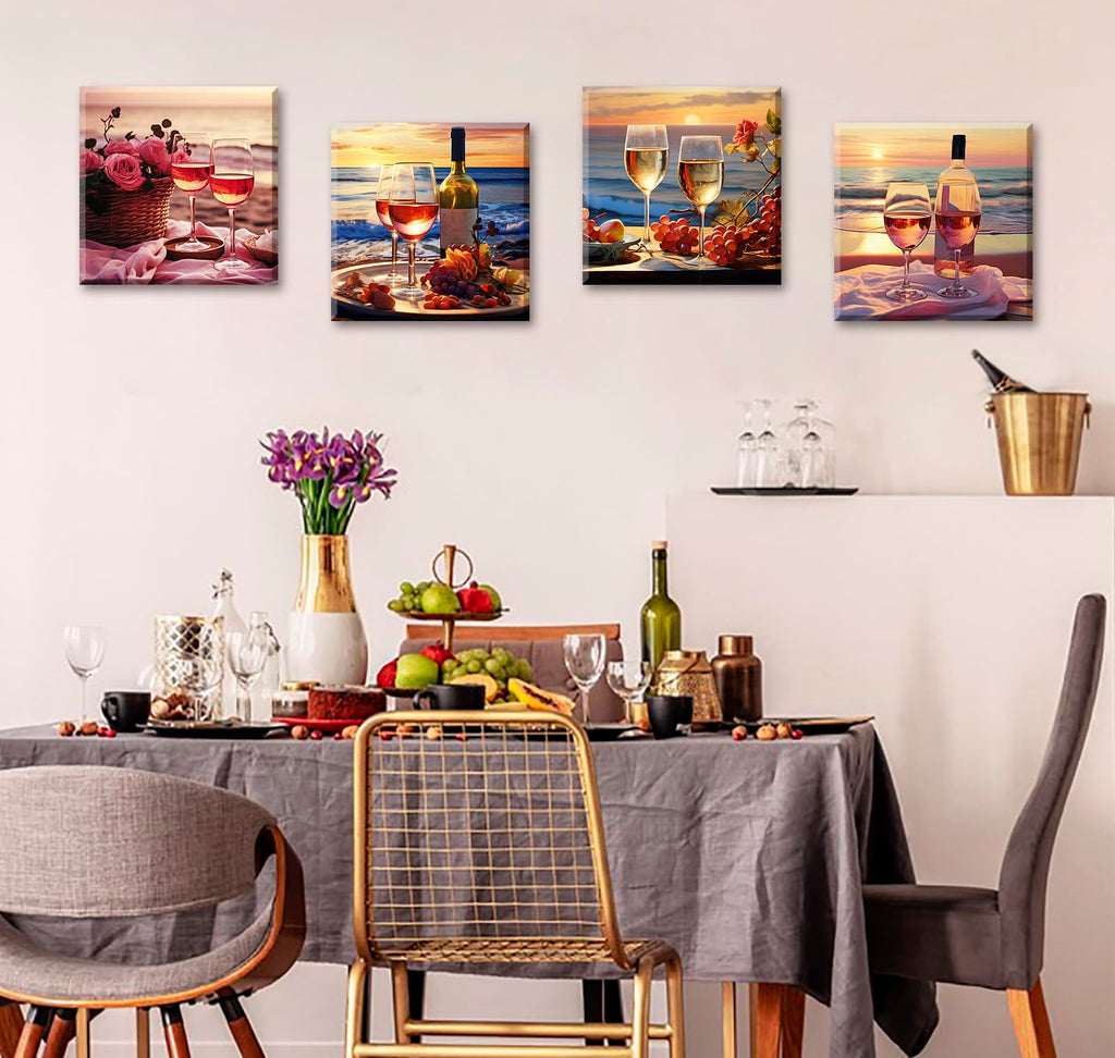 Kitchen Wall Art Wine Glass Canvas Prints 12"X12"X4 Panels