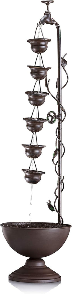 MAZ254 Outdoor Floor Tiered Vintage Water Fountain w/ 6 Hanging Cups, Soothing Tier Waterfall, 38", Bronze