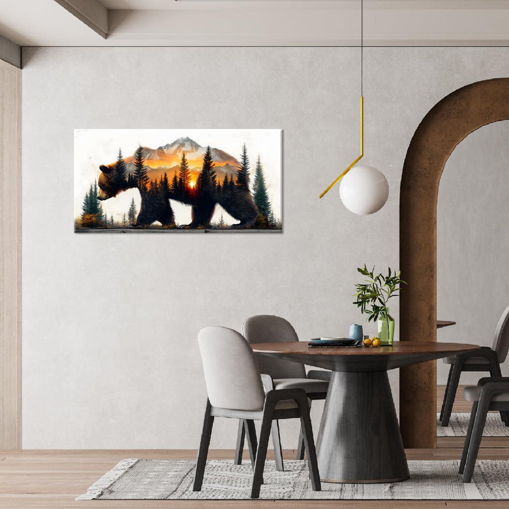 Brown Bear Forest Wall Art Office Retro Sunset Snow Mountain Rustic Wildlife Painting Prints Vintage Modern Art Deco