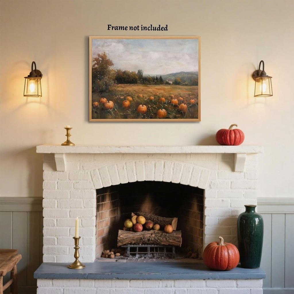 Autumn Pumpkin Field Wall Art Rustic Fall Harvest Landscape Poster Vintage Country Farmhouse Oil Painting Wall Decor