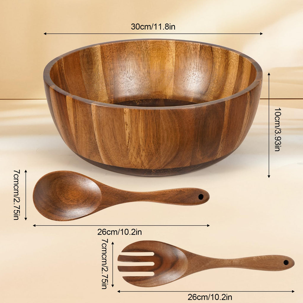 Wooden Salad Bowl Set 11.8 Inch - Acacia Large Wood Salad Bowl with Wooden Serving Utensils, Big Salad Bowls