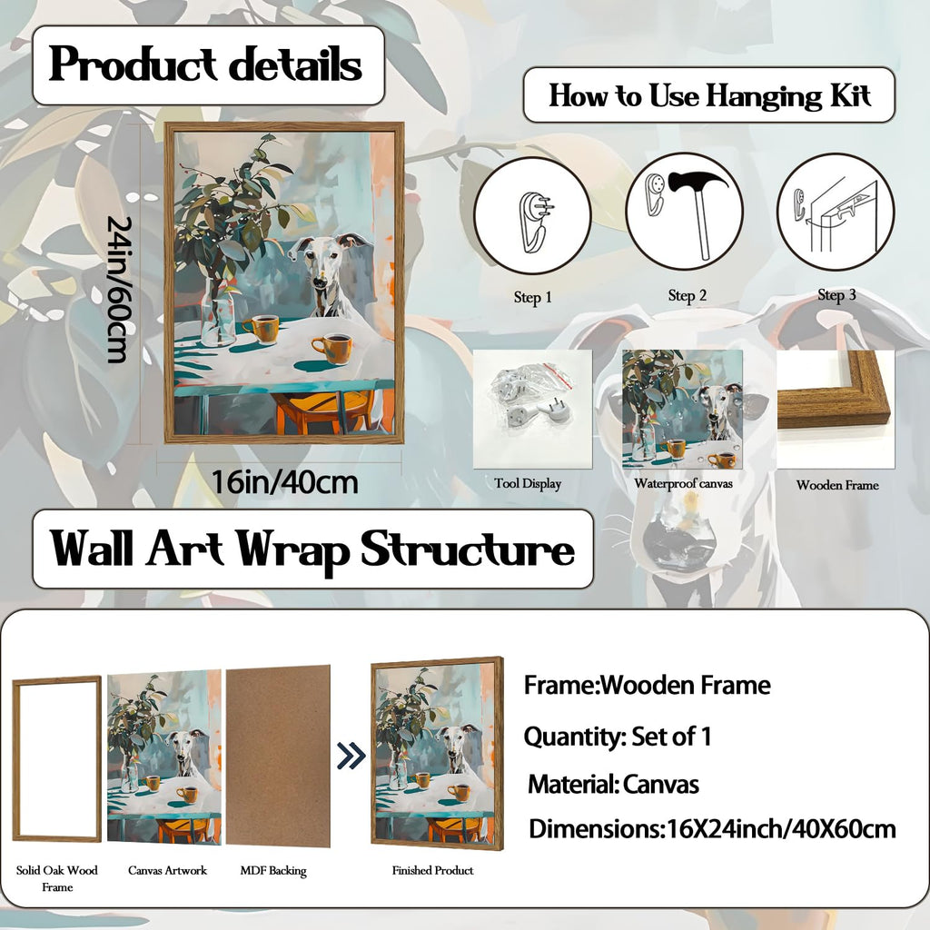 Funny Whippet Wall Art, Cute Greyhound Dog Coffee Wall Decor Painting Vintage Animal Poster Canvas Print Picture
