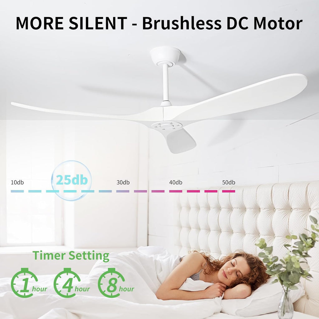 Inspired Maverick Style 60 Inch White Wood Ceiling Fan - 3 Solid Wood Blades, Indoor/Outroom DC Motor Ceiling Fan with Remote Control, 6-Speed Reversible Quiet Operation, Timer Function, No Light, Damp Rated A102-B0CMTJK7L8