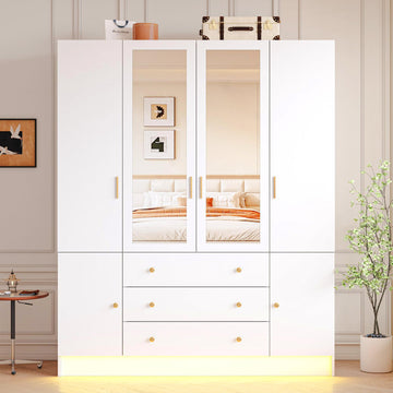 4 Doors LED Armoire Wardrobe Closet with Mirror, 75" Tall Modern Wooden Wardrobe Closet with 3 Drawers, Freestanding
