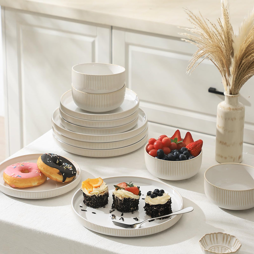 Ceramic Dinnerware Sets for 6, Round Reactive Glaze Porcelain Plates and Bowls Sets, Scratch Resistant Modern Dishes