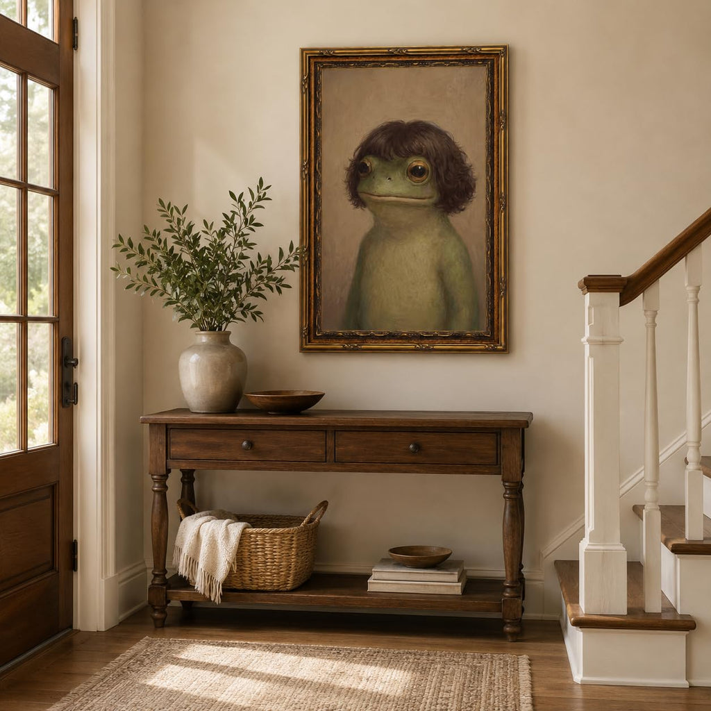 Gold Framed Funny Frog Portrait Wall Art, Quirky Canvas Print, 24x16