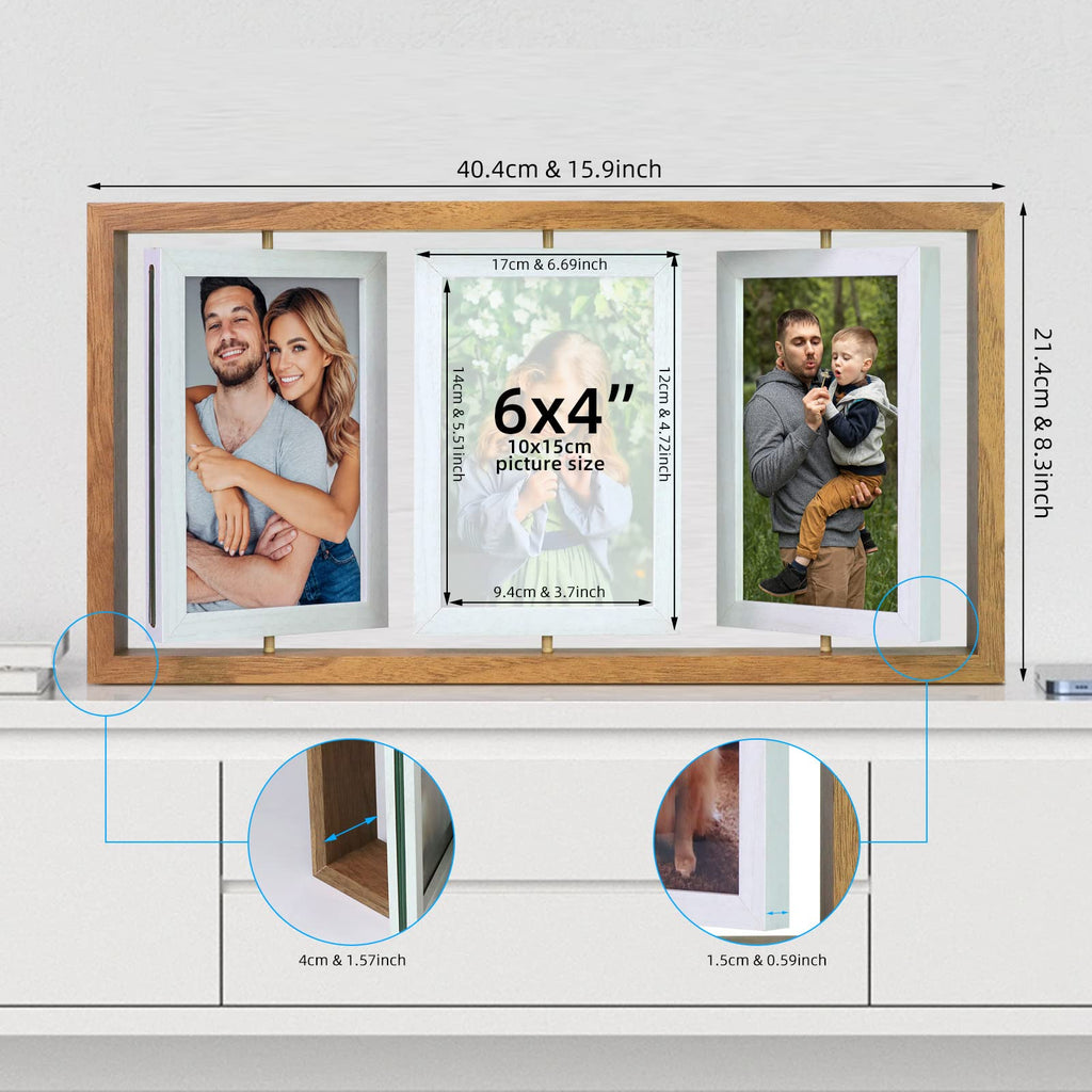 4x6 Rotating Picture Frame Desktop Rustic 4x6in Wooden Photo Frames, Double Side-Display 6 Photos, Floating 4x6