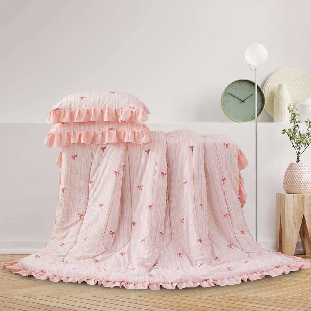 A Nice Night Rainbow Stripes & Bows Bedding Set,Ruffle 6 Piece Bed in a Bag Matching Sheet Set,Princess Style Chic Bow
