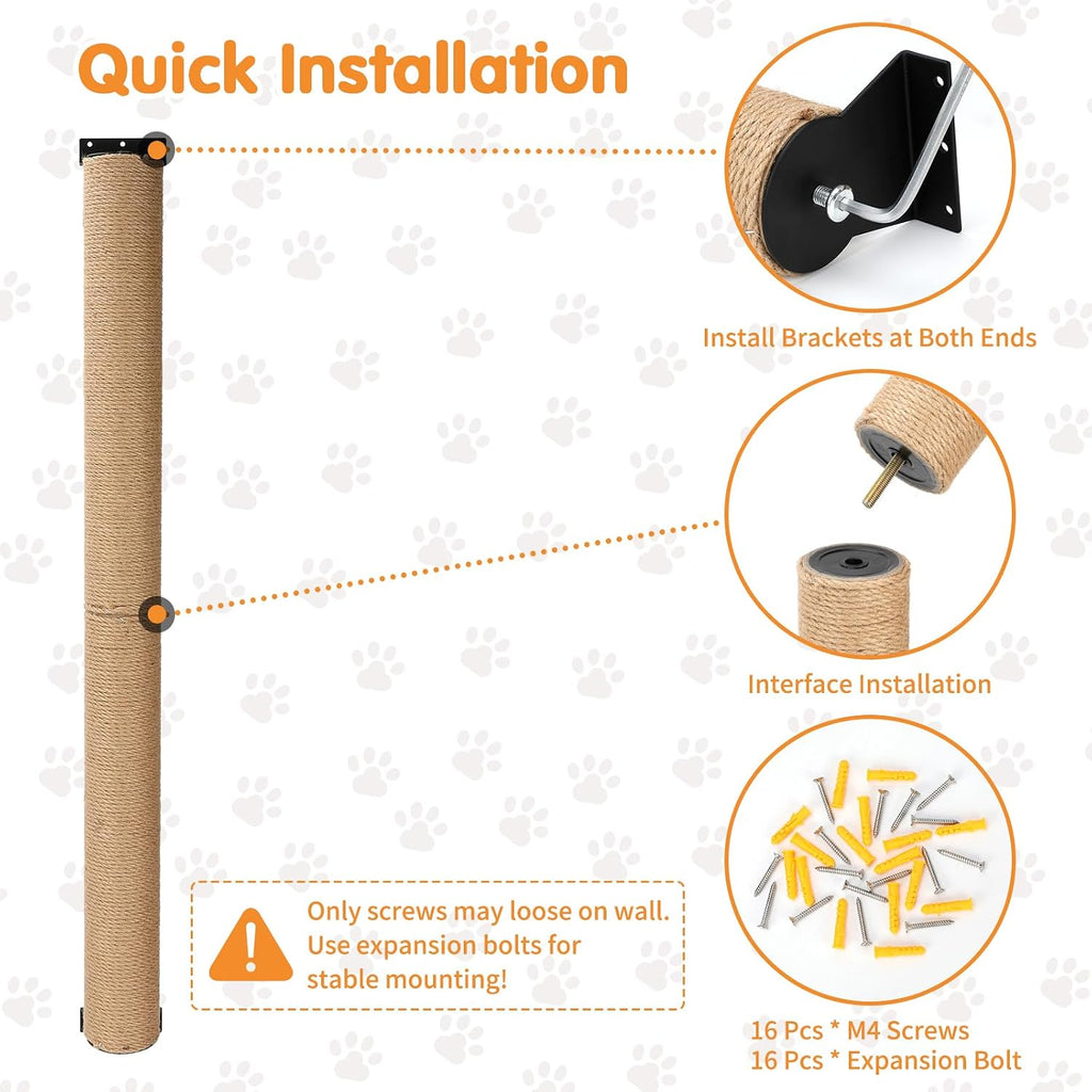 65" Wall Mounted Cat Scratching Post, Adjustable Jute Cat Wall Scratcher