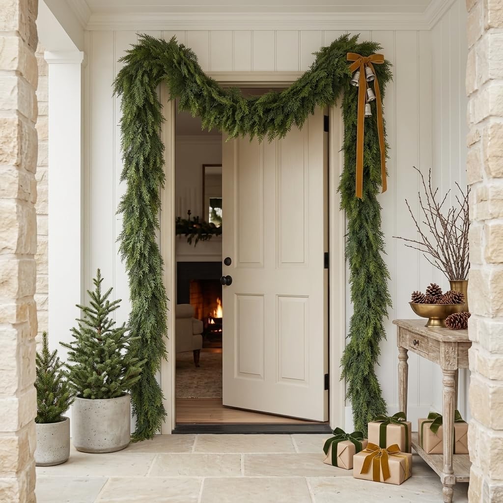 9FT 1Pcs Christmas Cedar Garland with Lights Realistic Faux Pine Garlands