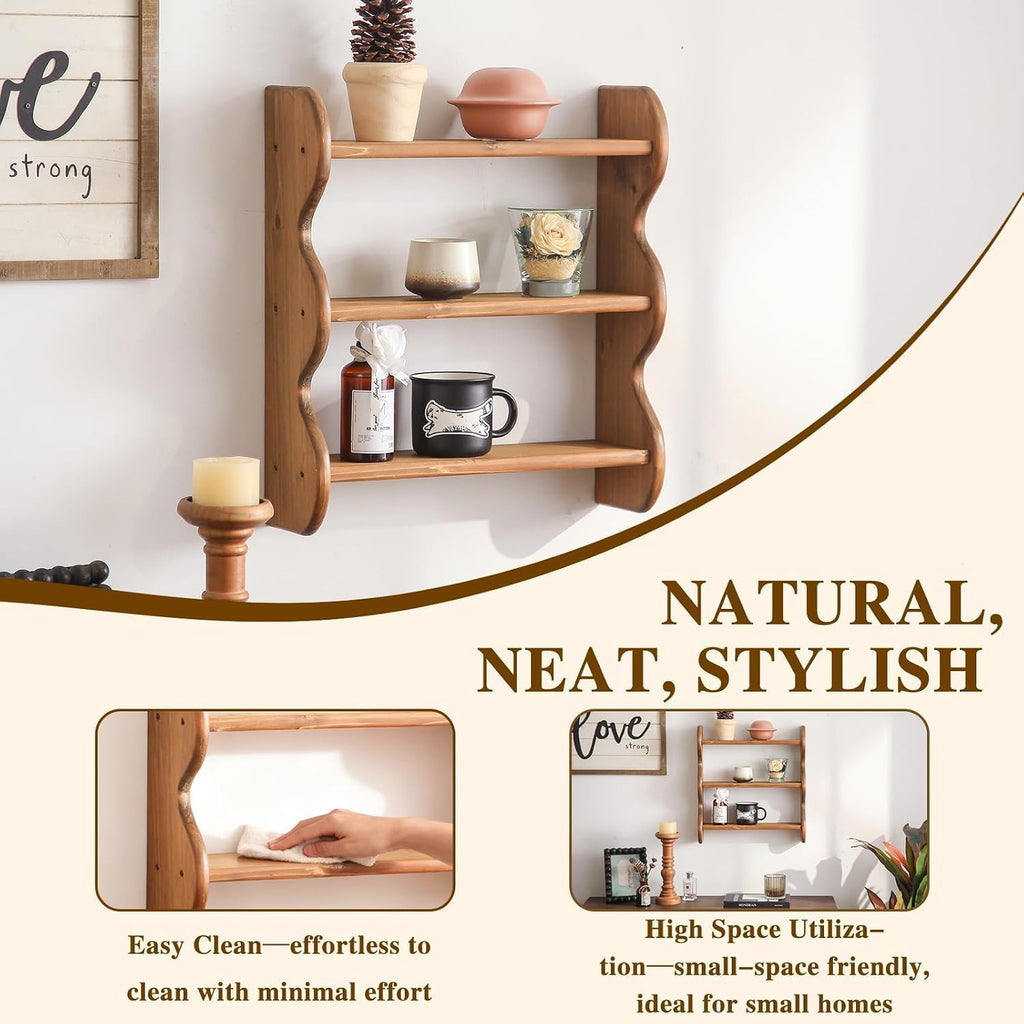100% Solid Wood Wall Shelf 3-Tier, Rustic Floating Shelves Wall Mounted Storage Rack, Farmhouse Decor Hanging Shelf