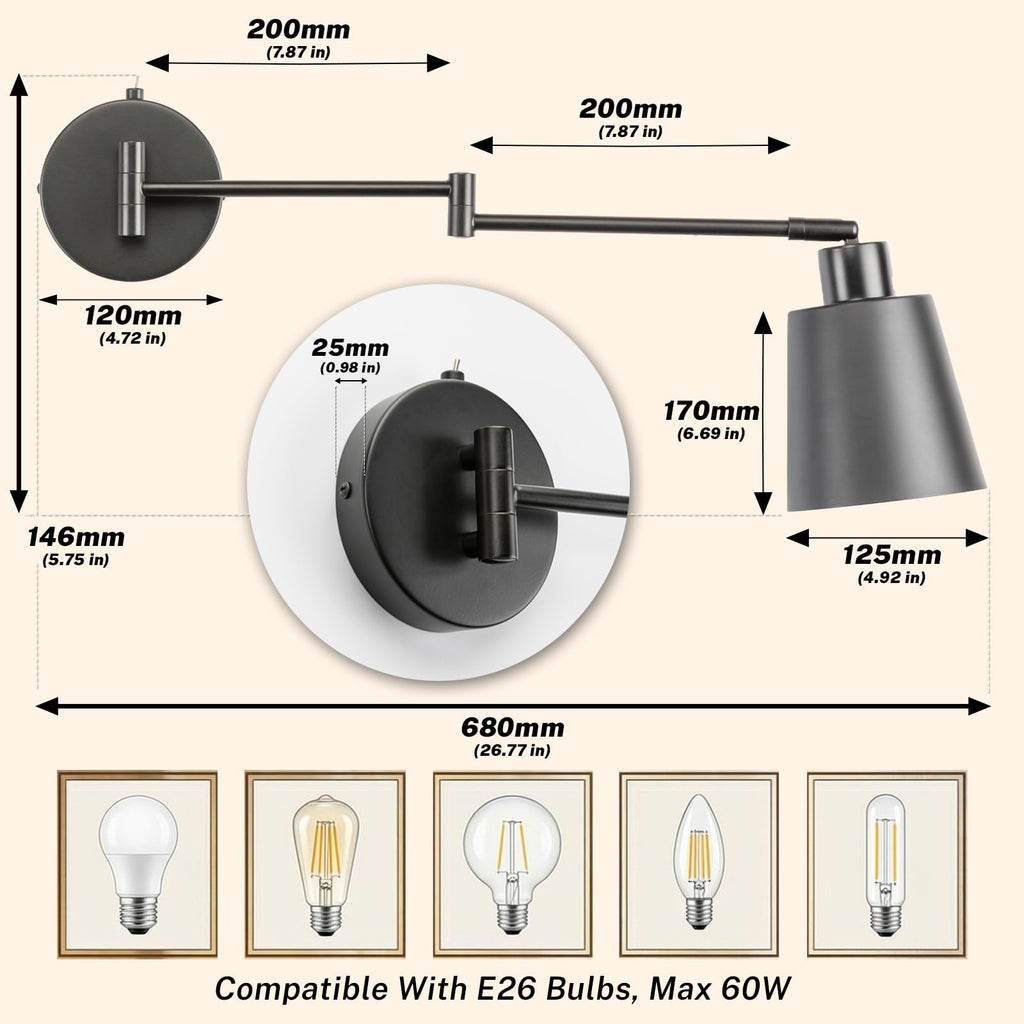 Wall Sconce Light with Adjustable Swing Arm for Bedside Reading