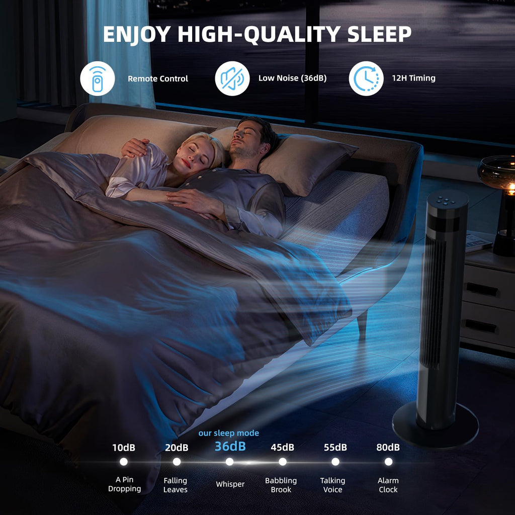 Tower Fan Portable Electric Oscillating Fan Quiet Remote Control Bladeless Floor Fan 3 Wind Speed Mode 12H Timer