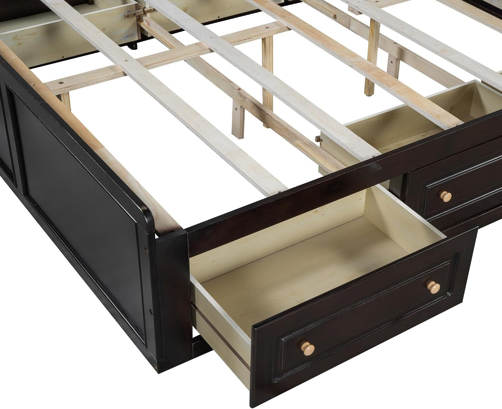 Wood Platform Bed Frame, with 6 Drawers, Floor Wooden Bed Frame Without Headboard, Storage Bed Frame Wood