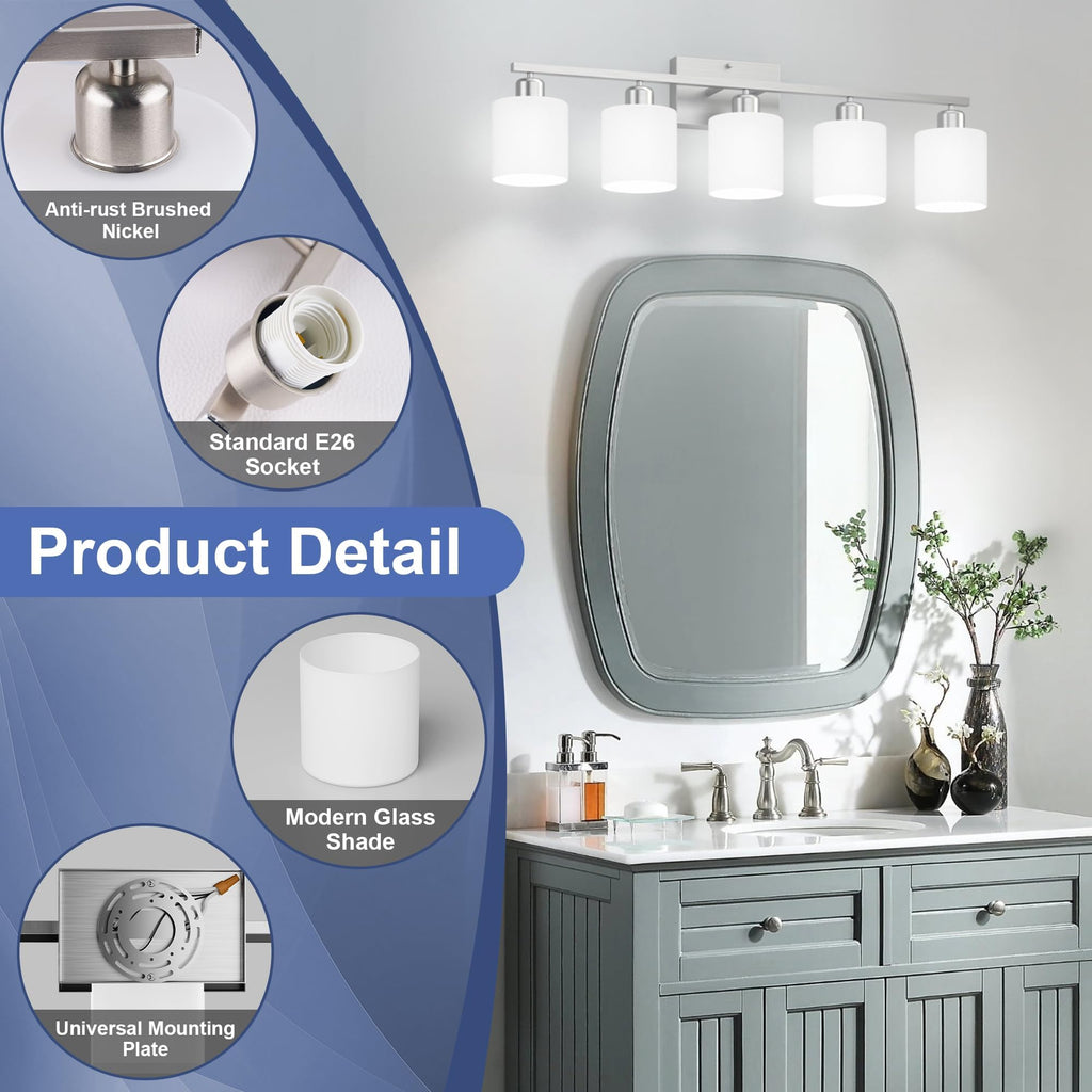Bathroom Lights Over Mirror Brushed Nickel, Anti-Rust 5-Light Bathroom Vanity Light Fixtures, Modern 28.34Inches Wall