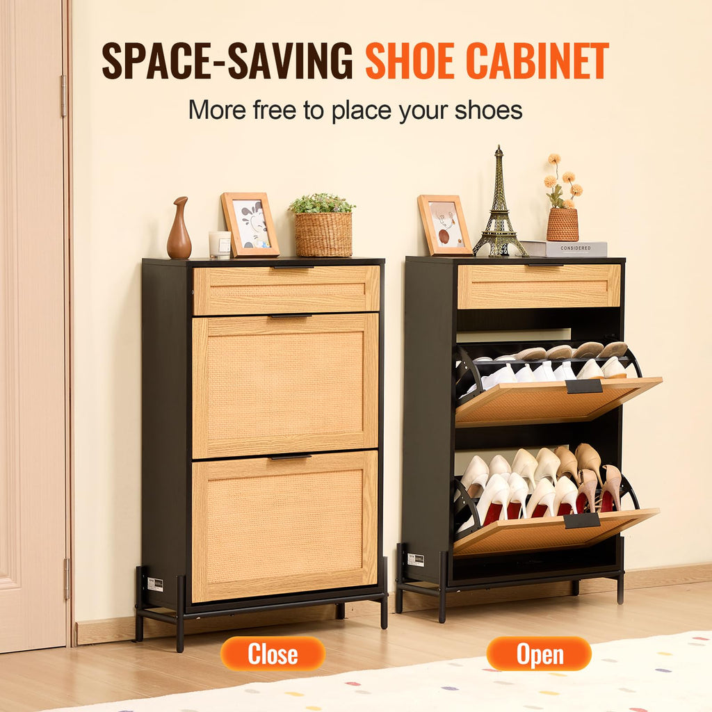 Rattan Shoe Cabinet, Narrow Shoe Storage Organizer with 2 Flip Rattan Drawers & 1 Slide Drawer, Metal Legs, Slim Shoe