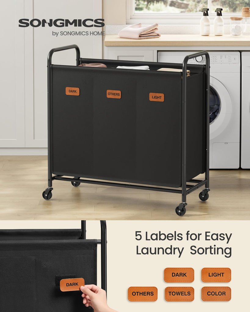 3-Section Laundry Sorter, with Wheels, Removable Bags