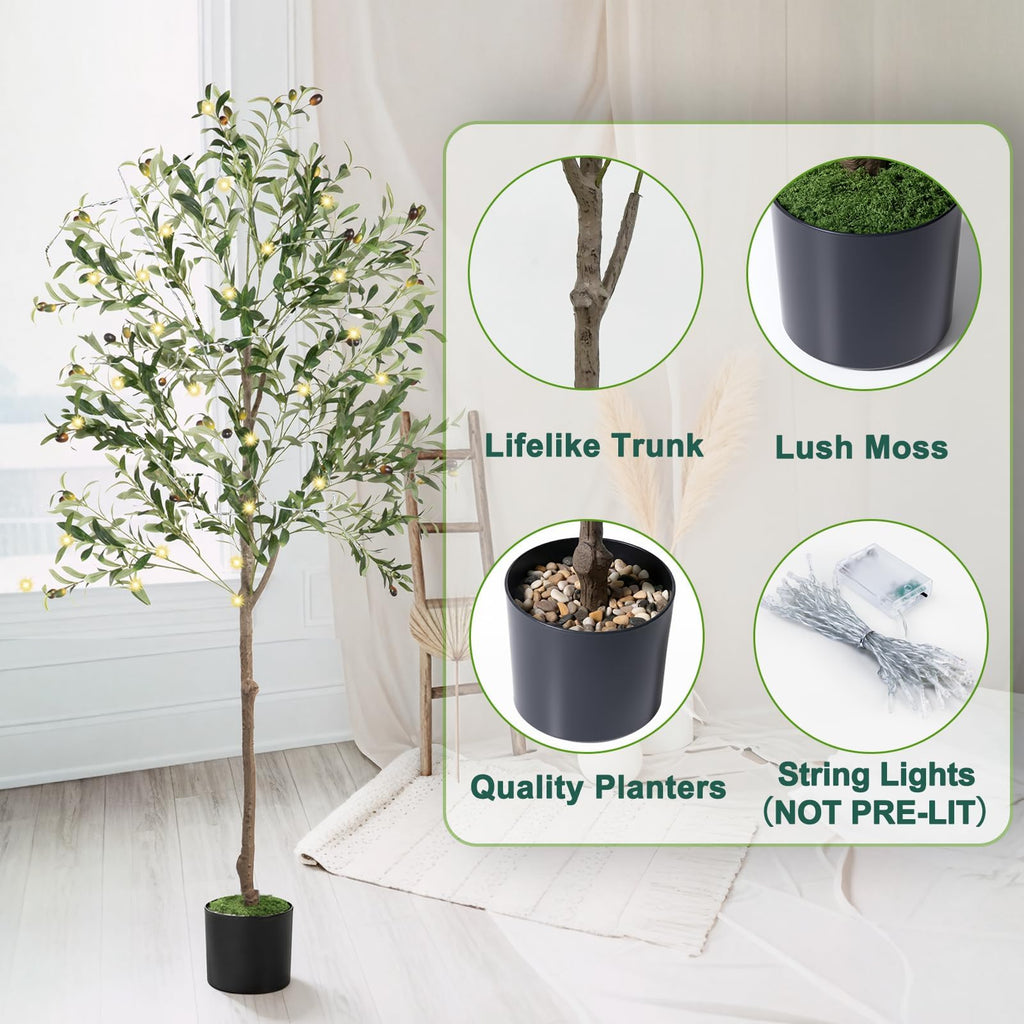 Olive Tree, 6FT Tall Faux Olive Tree with Lights Moss and Planter, Olive Trees Artificial Indoor with Realistic Wood