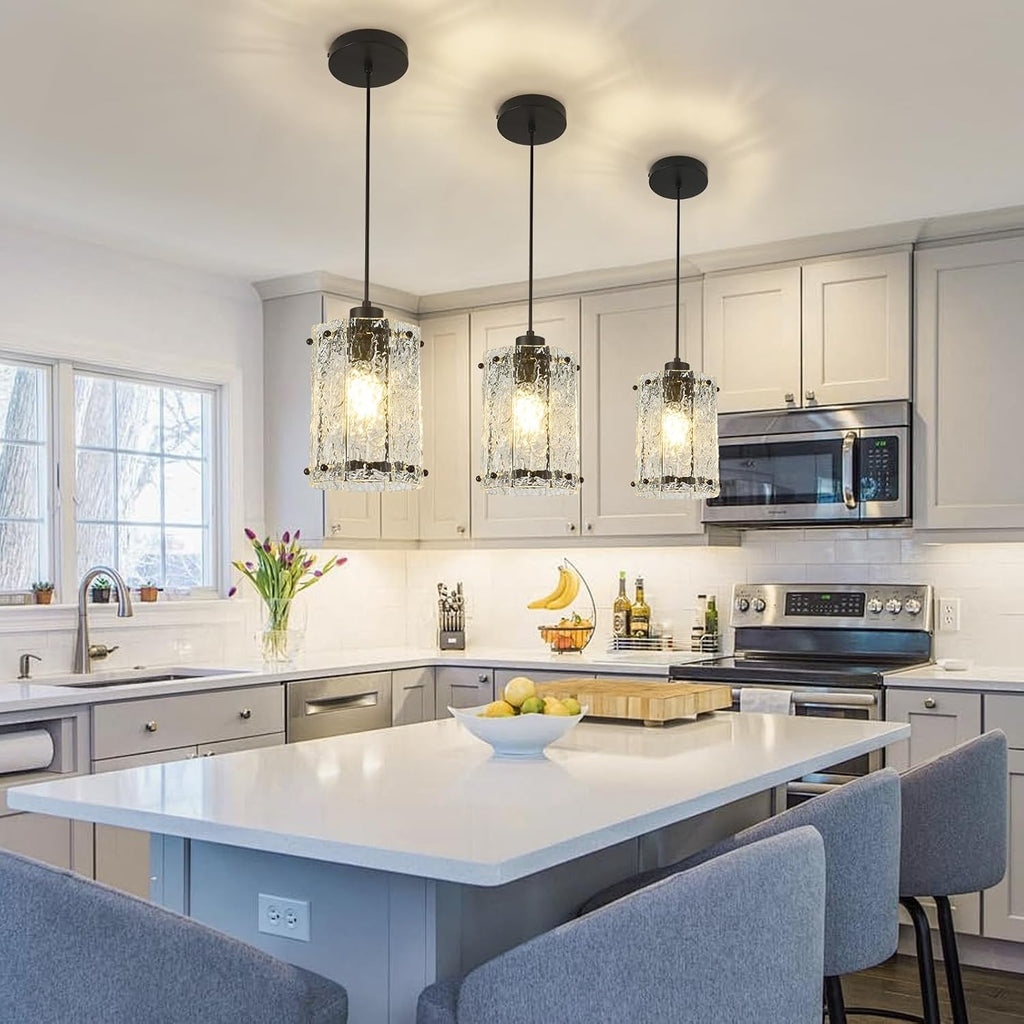 Black Pendant Lights Kitchen Island 2 Pack Modern Water Ripple Glass Pendant Lights Fixtures Round Adjustable Hanging