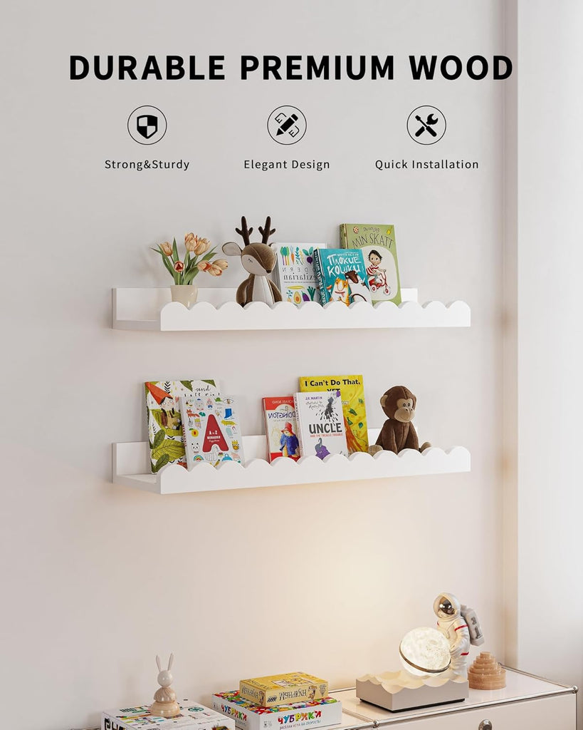 Nursery Book Shelves, Pack White Floating Shelves for Wall Kids, Scalloped Shelves, Wall Book Shelves Kids, Toddler