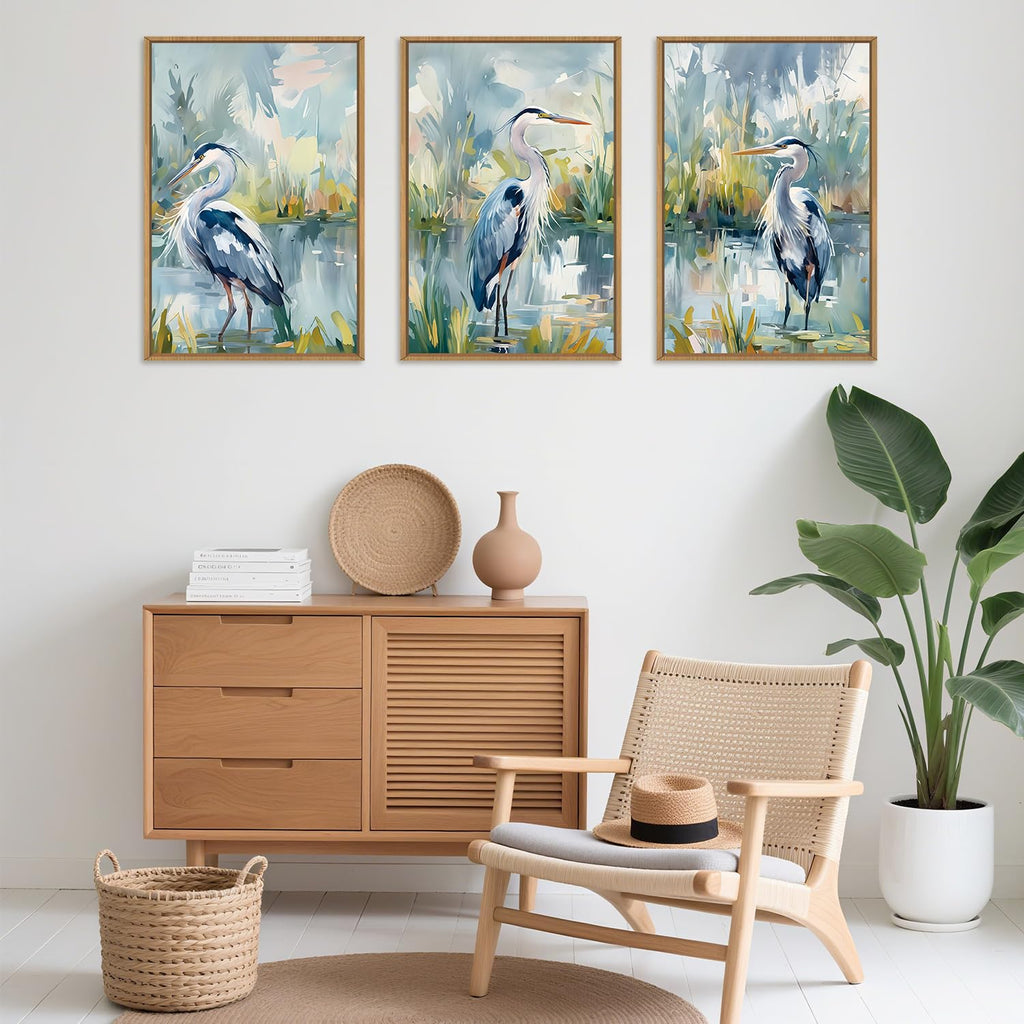 Great Blue Heron Wall Art Set of 3, Watercolor Coastal Bird Wall Decor(16x24), Wildlife Animal Illustrations Canvas