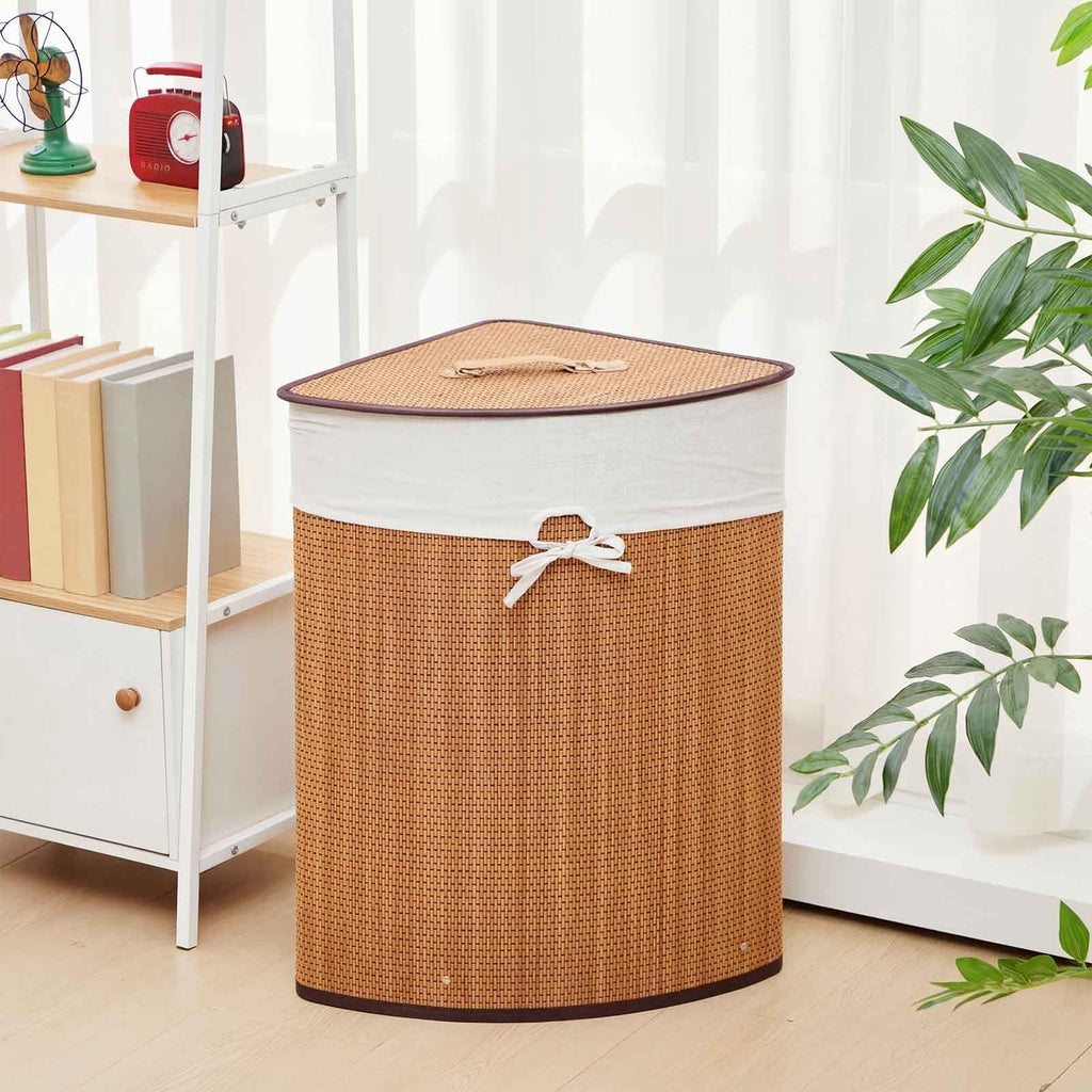 Corner Bamboo Laundry Hamper with Lid, Natural Brown, Woven